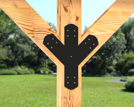Y Bracket with Center Leg - Crowned Style - For 4 Inch Lumber - Wood Post Brackets - construction brackets - brackets for post and beam construction - beam supports - post support - timber frame brackets - post frame buildings - barndominium brackets - exposed beam brackets