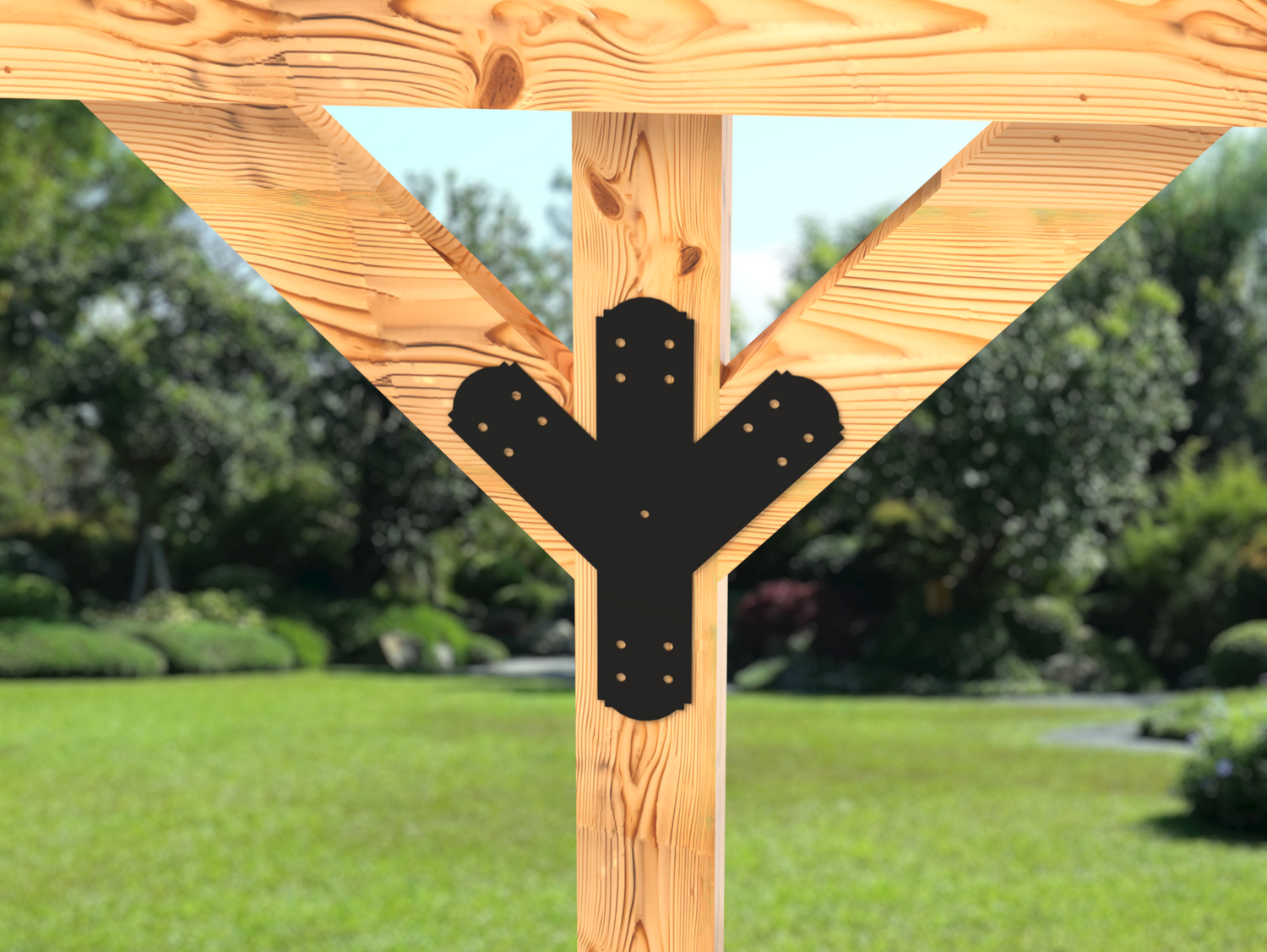 Y Bracket with Center Leg - Crowned Style - For 4 Inch Lumber - Wood Post Brackets - construction brackets - brackets for post and beam construction - beam supports - post support - timber frame brackets - post frame buildings - barndominium brackets - exposed beam brackets