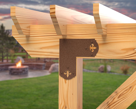 L Bracket - Crowned Fleur De Lis - For 8 Inch Lumber - Wood Post Brackets - construction brackets - brackets for post and beam construction - beam supports - post support - timber frame brackets - barndominium brackets - exposed beam brackets