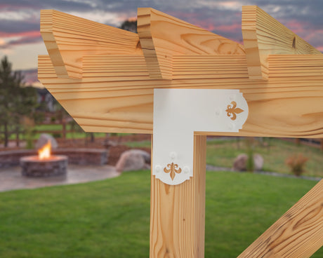 L Bracket - Crowned Fleur De Lis - For 8 Inch Lumber - Wood Post Brackets - construction brackets - brackets for post and beam construction - beam supports - post support - timber frame brackets - barndominium brackets - exposed beam brackets