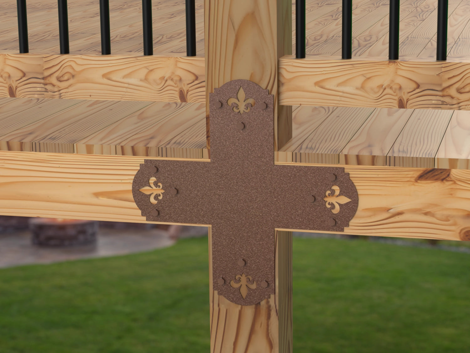 X Bracket - Crowned Fleur De Lis - For 8 Inch Lumber - Wood Post Brackets - construction brackets - brackets for post and beam construction - beam supports - post support - timber frame brackets - barndominium brackets - exposed beam brackets