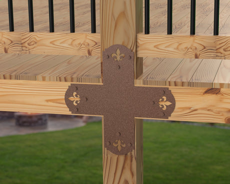 X Bracket - Crowned Fleur De Lis - For 8 Inch Lumber - Wood Post Brackets - construction brackets - brackets for post and beam construction - beam supports - post support - timber frame brackets - barndominium brackets - exposed beam brackets