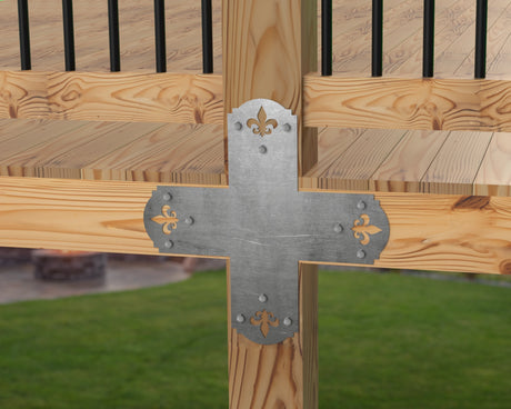 X Bracket - Crowned Fleur De Lis - For 8 Inch Lumber - Wood Post Brackets - construction brackets - brackets for post and beam construction - beam supports - post support - timber frame brackets - barndominium brackets - exposed beam brackets