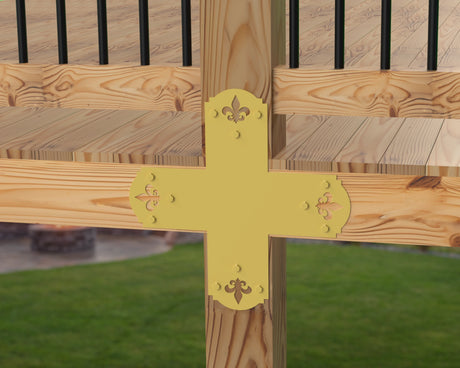 X Bracket - Crowned Fleur De Lis - For 8 Inch Lumber - Wood Post Brackets - construction brackets - brackets for post and beam construction - beam supports - post support - timber frame brackets - barndominium brackets - exposed beam brackets