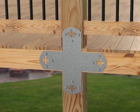 X Bracket - Crowned Fleur De Lis - For 8 Inch Lumber - Wood Post Brackets - construction brackets - brackets for post and beam construction - beam supports - post support - timber frame brackets - barndominium brackets - exposed beam brackets