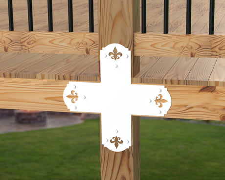 X Bracket - Crowned Fleur De Lis - For 8 Inch Lumber - Wood Post Brackets - construction brackets - brackets for post and beam construction - beam supports - post support - timber frame brackets - barndominium brackets - exposed beam brackets