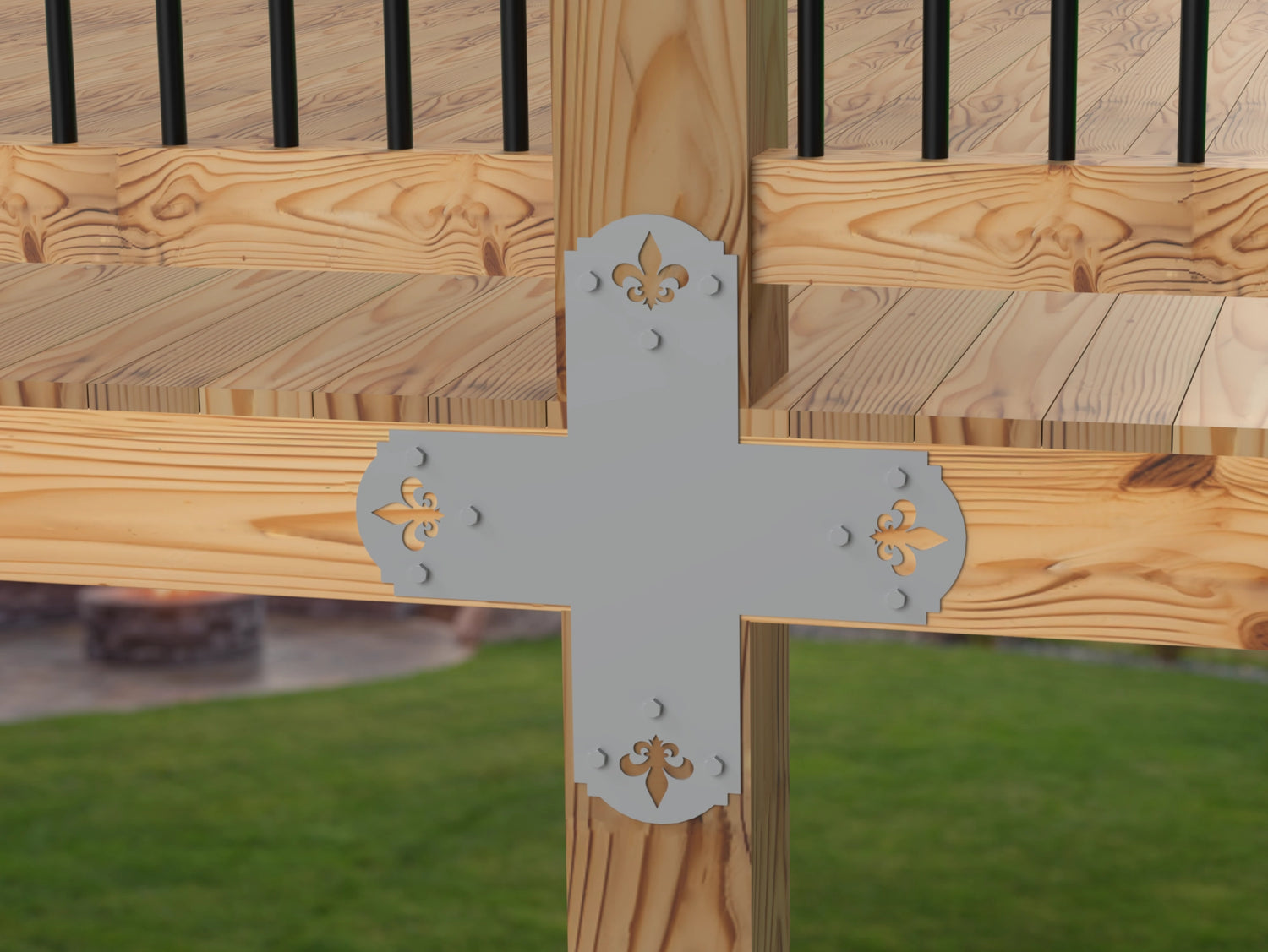 X Bracket - Crowned Fleur De Lis - For 8 Inch Lumber - Wood Post Brackets - construction brackets - brackets for post and beam construction - beam supports - post support - timber frame brackets - barndominium brackets - exposed beam brackets