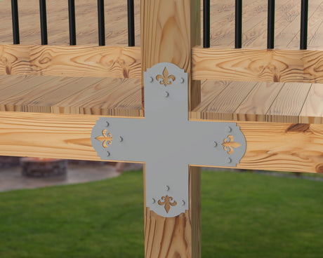 X Bracket - Crowned Fleur De Lis - For 8 Inch Lumber - Wood Post Brackets - construction brackets - brackets for post and beam construction - beam supports - post support - timber frame brackets - barndominium brackets - exposed beam brackets