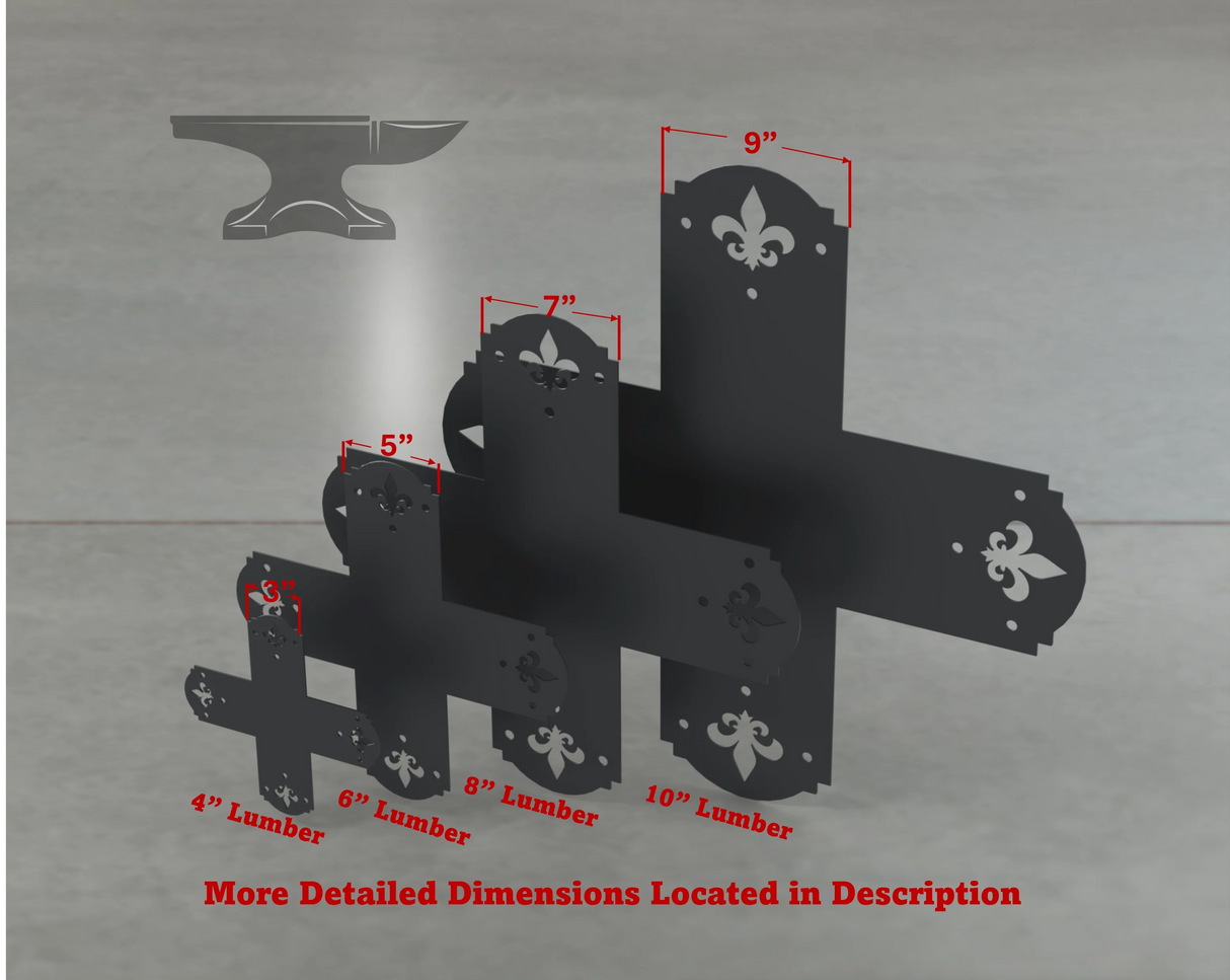 Crowned Fleur De Lis Style X Brackets - Various Sizes - Wood Post Brackets - construction brackets - brackets for post and beam construction - beam supports - post support - timber frame brackets - barndominium brackets - exposed beam brackets