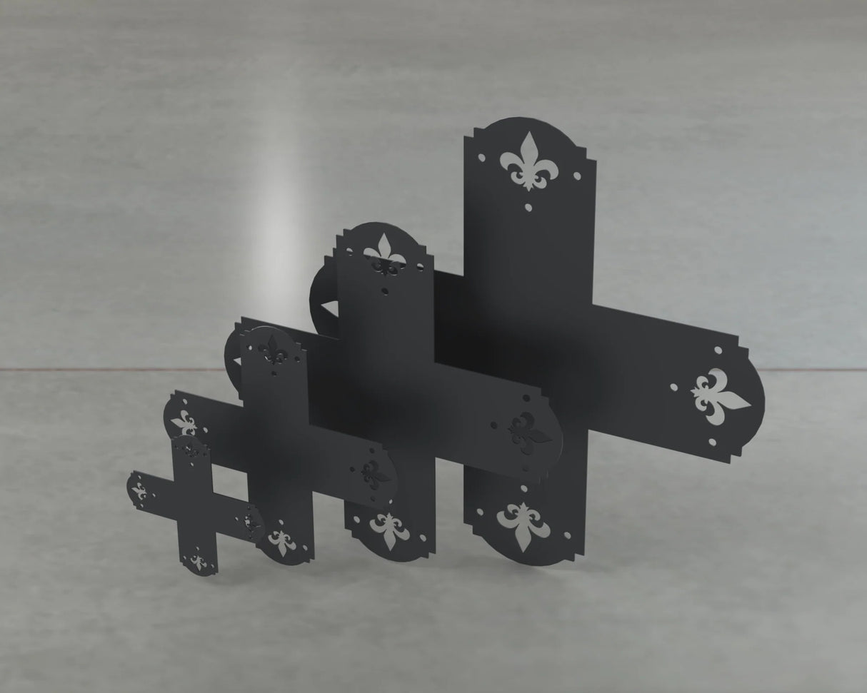 Crowned Fleur De Lis Style X Brackets - Various Sizes - Wood Post Brackets - construction brackets - brackets for post and beam construction - beam supports - post support - timber frame brackets - barndominium brackets - exposed beam brackets