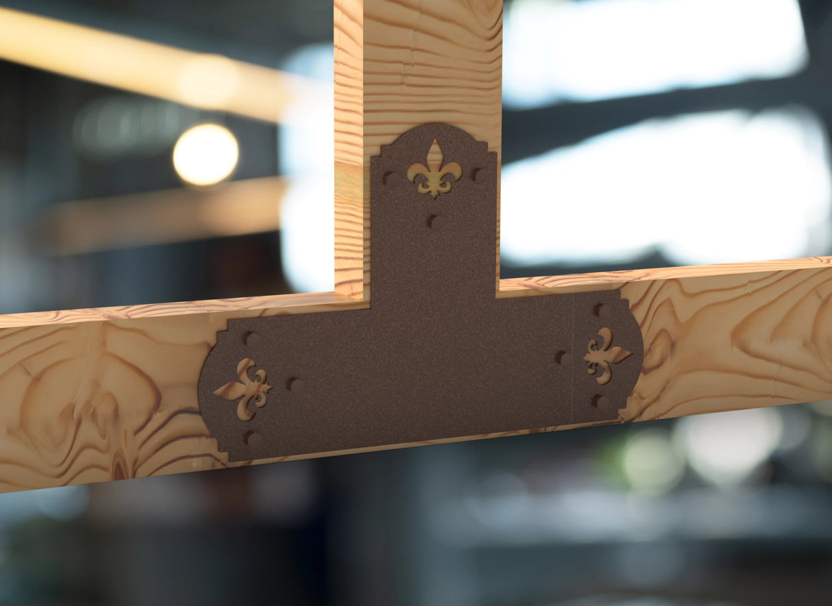 T Bracket - Crowned Fleur De Lis - For 8 Inch Lumber - Wood Post Brackets - construction brackets - brackets for post and beam construction - beam supports - post support - timber frame brackets - barndominium brackets - exposed beam brackets