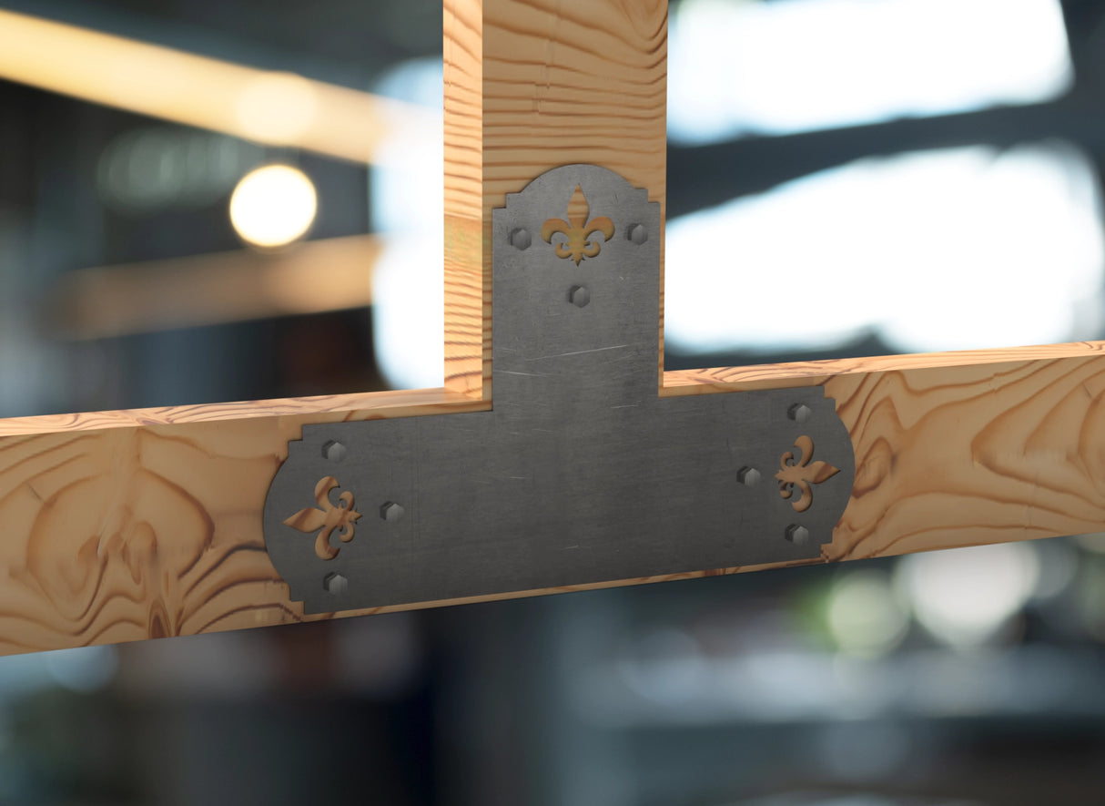 T Bracket - Crowned Fleur De Lis - For 8 Inch Lumber - Wood Post Brackets - construction brackets - brackets for post and beam construction - beam supports - post support - timber frame brackets - barndominium brackets - exposed beam brackets