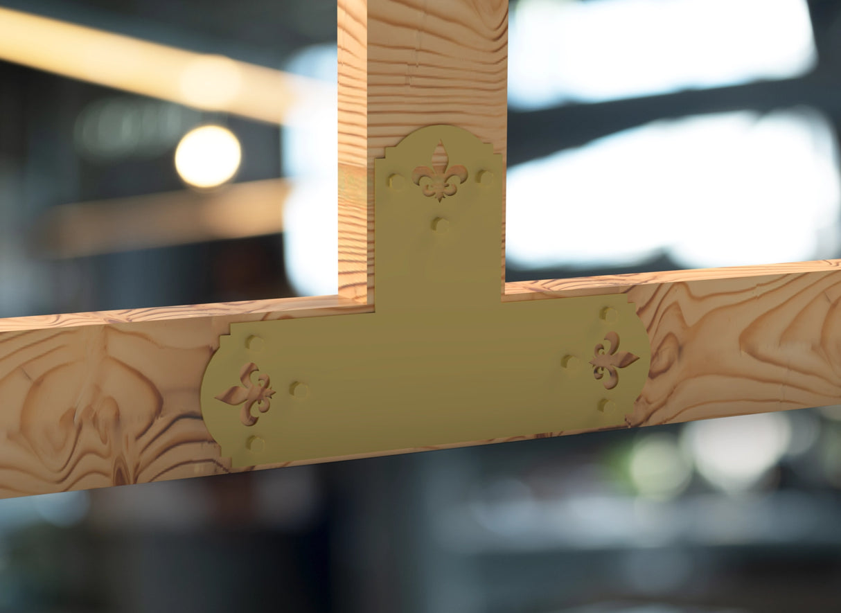 T Bracket - Crowned Fleur De Lis - For 8 Inch Lumber - Wood Post Brackets - construction brackets - brackets for post and beam construction - beam supports - post support - timber frame brackets - barndominium brackets - exposed beam brackets