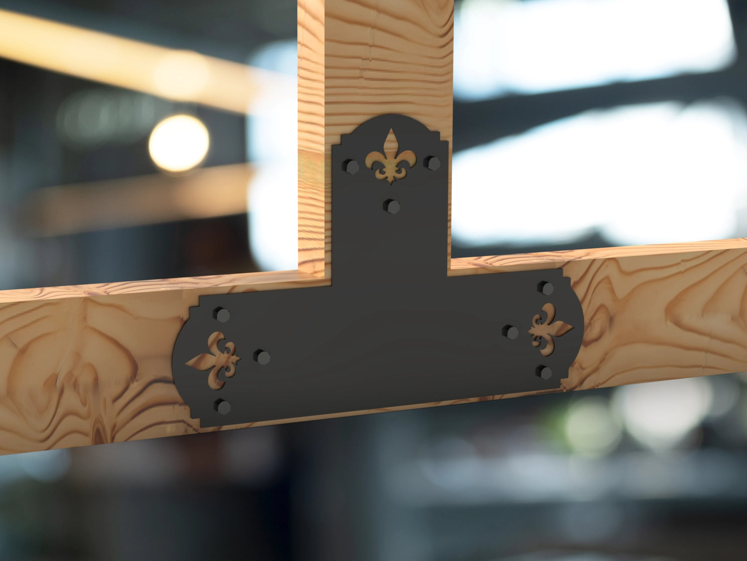T Bracket - Crowned Fleur De Lis - For 8 Inch Lumber - Wood Post Brackets - construction brackets - brackets for post and beam construction - beam supports - post support - timber frame brackets - barndominium brackets - exposed beam brackets