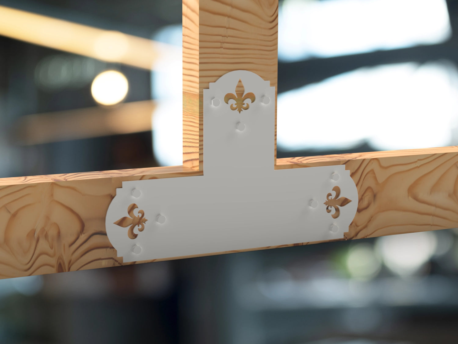 T Bracket - Crowned Fleur De Lis - For 8 Inch Lumber - Wood Post Brackets - construction brackets - brackets for post and beam construction - beam supports - post support - timber frame brackets - barndominium brackets - exposed beam brackets