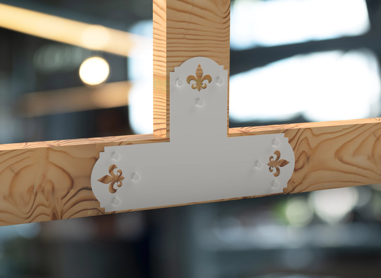 T Bracket - Crowned Fleur De Lis - For 8 Inch Lumber - Wood Post Brackets - construction brackets - brackets for post and beam construction - beam supports - post support - timber frame brackets - barndominium brackets - exposed beam brackets