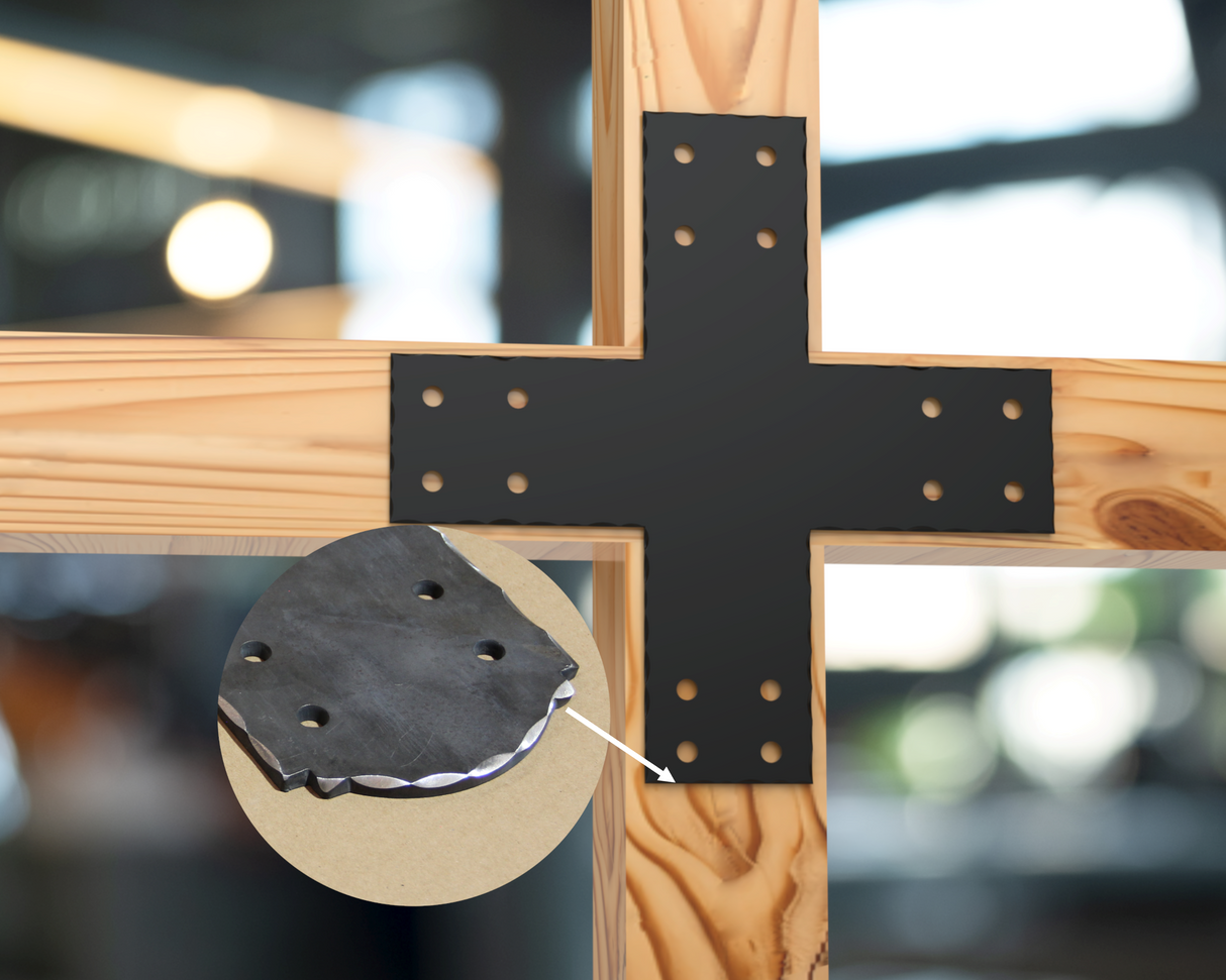 X Bracket - Scalloped Edges - 8 Inch Lumber - Wood Post Brackets - construction brackets - brackets for post and beam construction - beam supports - post support - timber frame brackets - barndominium brackets - exposed beam brackets