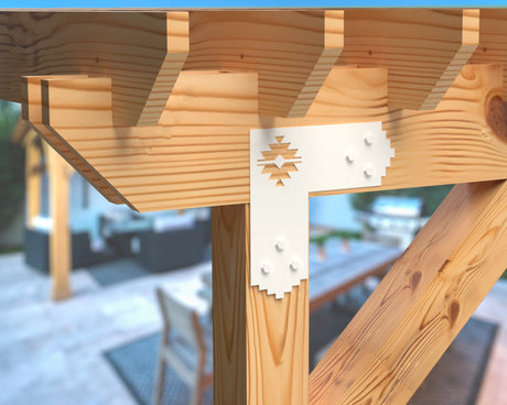 L Bracket - Aztec Style - For 8 Inch Lumber - Wood Post Brackets - construction brackets - brackets for post and beam construction - beam supports - post support - timber frame brackets - barndominium brackets - exposed beam brackets