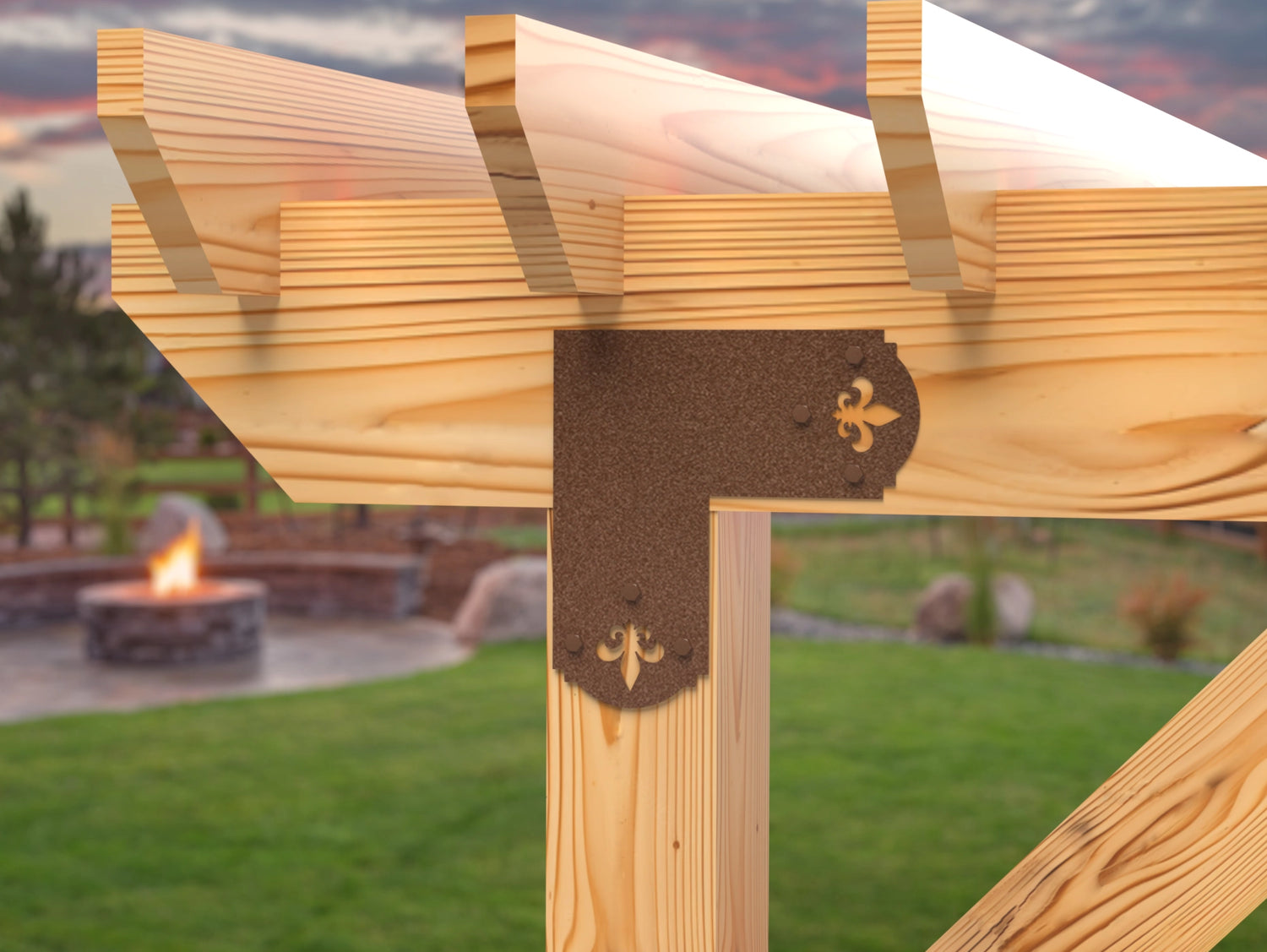 L Bracket - Crowned Fleur De Lis - For 8 Inch Lumber - Wood Post Brackets - construction brackets - brackets for post and beam construction - beam supports - post support - timber frame brackets - barndominium brackets - exposed beam brackets