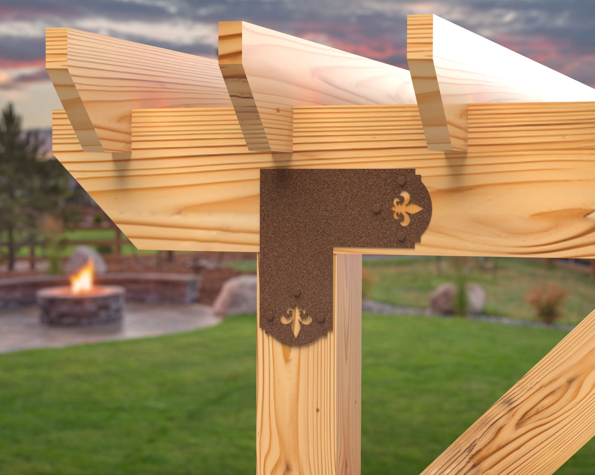 L Bracket - Crowned Fleur De Lis - For 8 Inch Lumber - Wood Post Brackets - construction brackets - brackets for post and beam construction - beam supports - post support - timber frame brackets - barndominium brackets - exposed beam brackets