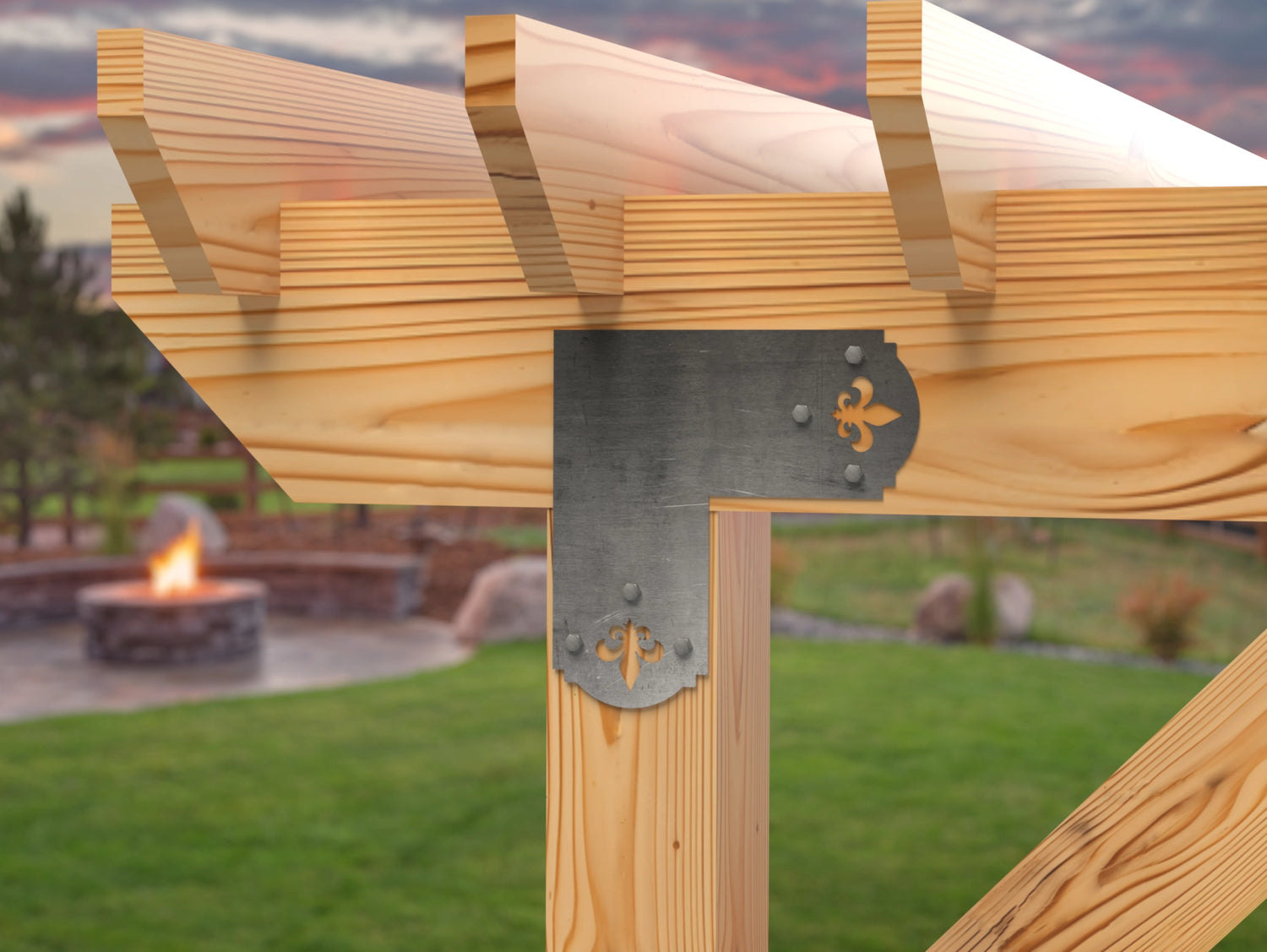 L Bracket - Crowned Fleur De Lis - For 8 Inch Lumber - Wood Post Brackets - construction brackets - brackets for post and beam construction - beam supports - post support - timber frame brackets - barndominium brackets - exposed beam brackets