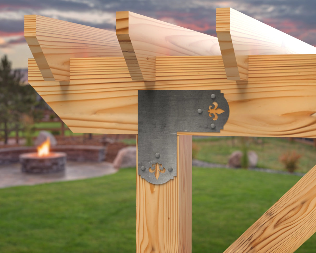 L Bracket - Crowned Fleur De Lis - For 8 Inch Lumber - Wood Post Brackets - construction brackets - brackets for post and beam construction - beam supports - post support - timber frame brackets - barndominium brackets - exposed beam brackets