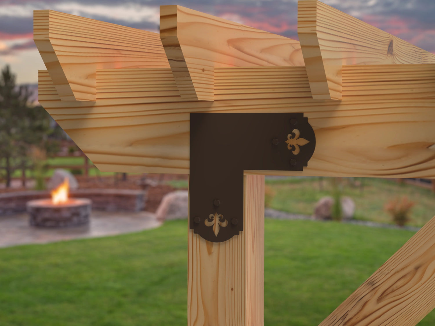 L Bracket - Crowned Fleur De Lis - For 8 Inch Lumber - Wood Post Brackets - construction brackets - brackets for post and beam construction - beam supports - post support - timber frame brackets - barndominium brackets - exposed beam brackets