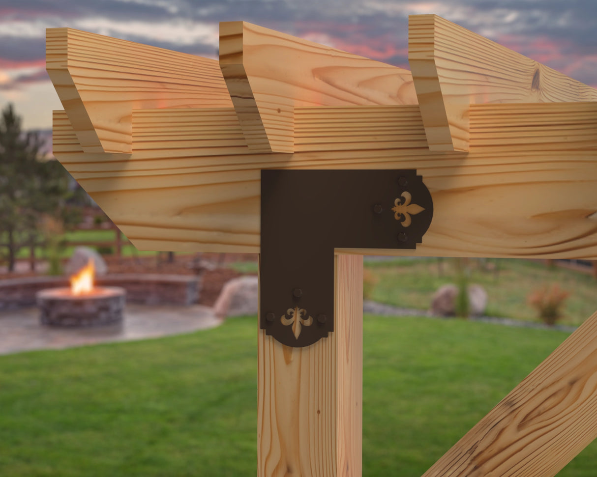 L Bracket - Crowned Fleur De Lis - For 8 Inch Lumber - Wood Post Brackets - construction brackets - brackets for post and beam construction - beam supports - post support - timber frame brackets - barndominium brackets - exposed beam brackets