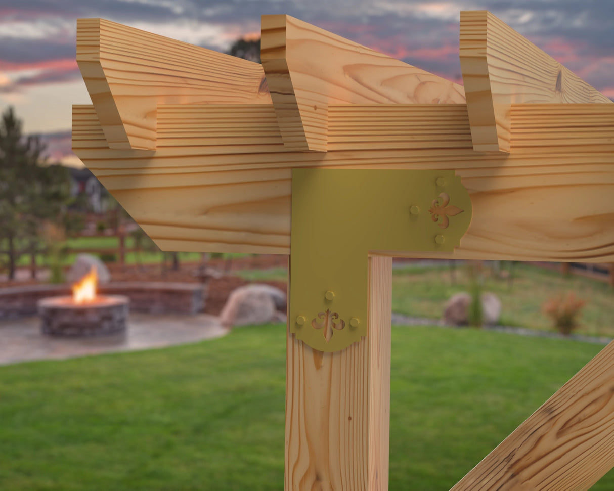 L Bracket - Crowned Fleur De Lis - For 8 Inch Lumber - Wood Post Brackets - construction brackets - brackets for post and beam construction - beam supports - post support - timber frame brackets - barndominium brackets - exposed beam brackets