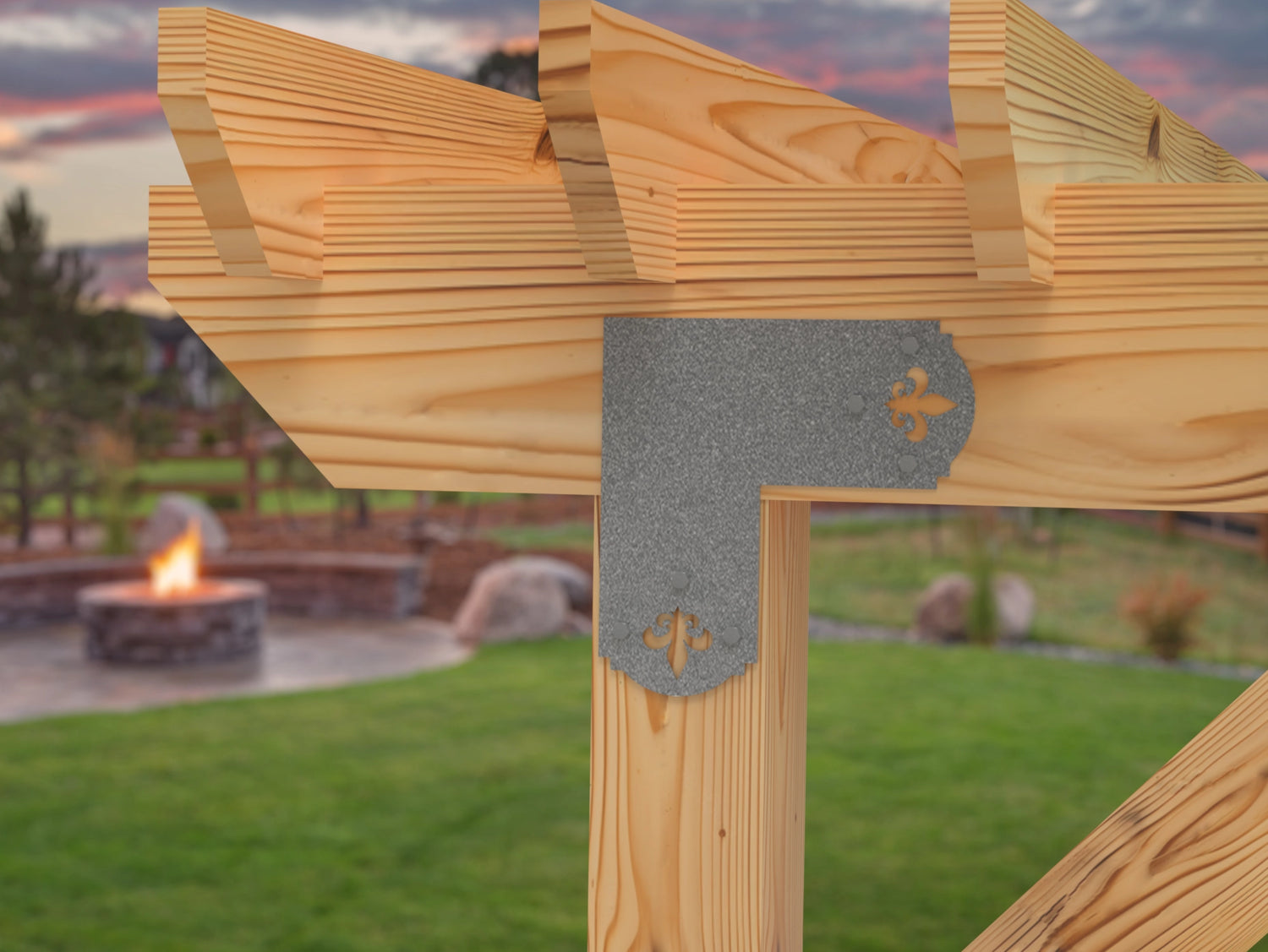 L Bracket - Crowned Fleur De Lis - For 8 Inch Lumber - Wood Post Brackets - construction brackets - brackets for post and beam construction - beam supports - post support - timber frame brackets - barndominium brackets - exposed beam brackets