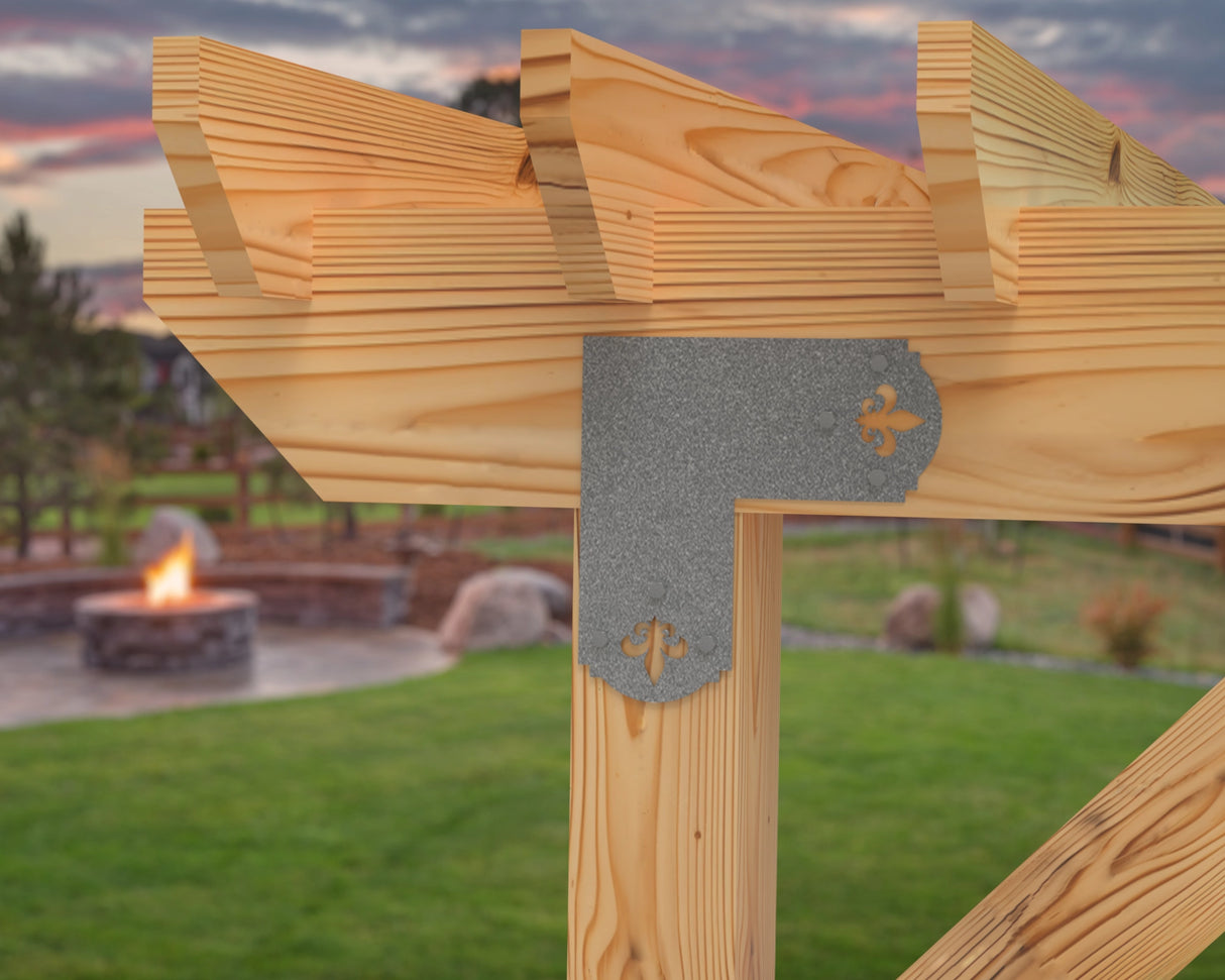 L Bracket - Crowned Fleur De Lis - For 8 Inch Lumber - Wood Post Brackets - construction brackets - brackets for post and beam construction - beam supports - post support - timber frame brackets - barndominium brackets - exposed beam brackets