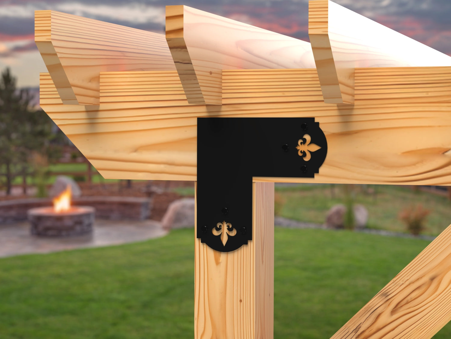 L Bracket - Crowned Fleur De Lis - For 8 Inch Lumber - Wood Post Brackets - construction brackets - brackets for post and beam construction - beam supports - post support - timber frame brackets - barndominium brackets - exposed beam brackets