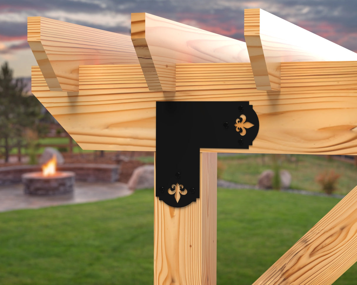 L Bracket - Crowned Fleur De Lis - For 8 Inch Lumber - Wood Post Brackets - construction brackets - brackets for post and beam construction - beam supports - post support - timber frame brackets - barndominium brackets - exposed beam brackets