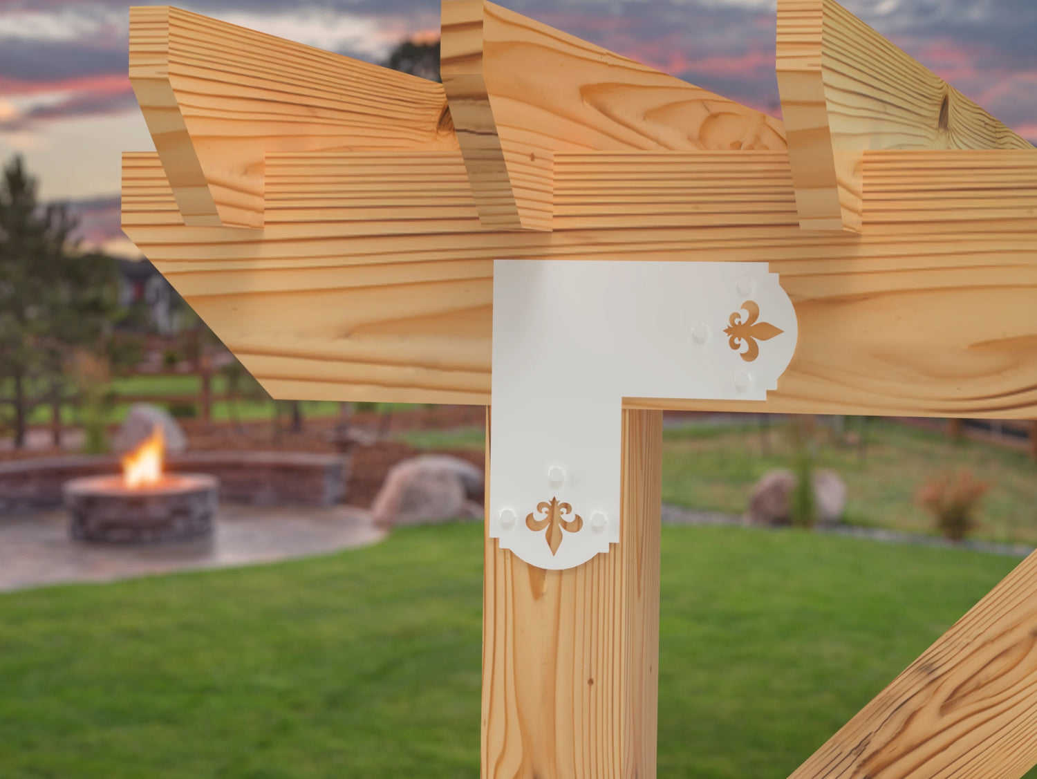 L Bracket - Crowned Fleur De Lis - For 8 Inch Lumber - Wood Post Brackets - construction brackets - brackets for post and beam construction - beam supports - post support - timber frame brackets - barndominium brackets - exposed beam brackets