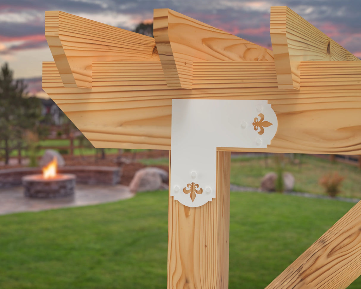L Bracket - Crowned Fleur De Lis - For 8 Inch Lumber - Wood Post Brackets - construction brackets - brackets for post and beam construction - beam supports - post support - timber frame brackets - barndominium brackets - exposed beam brackets