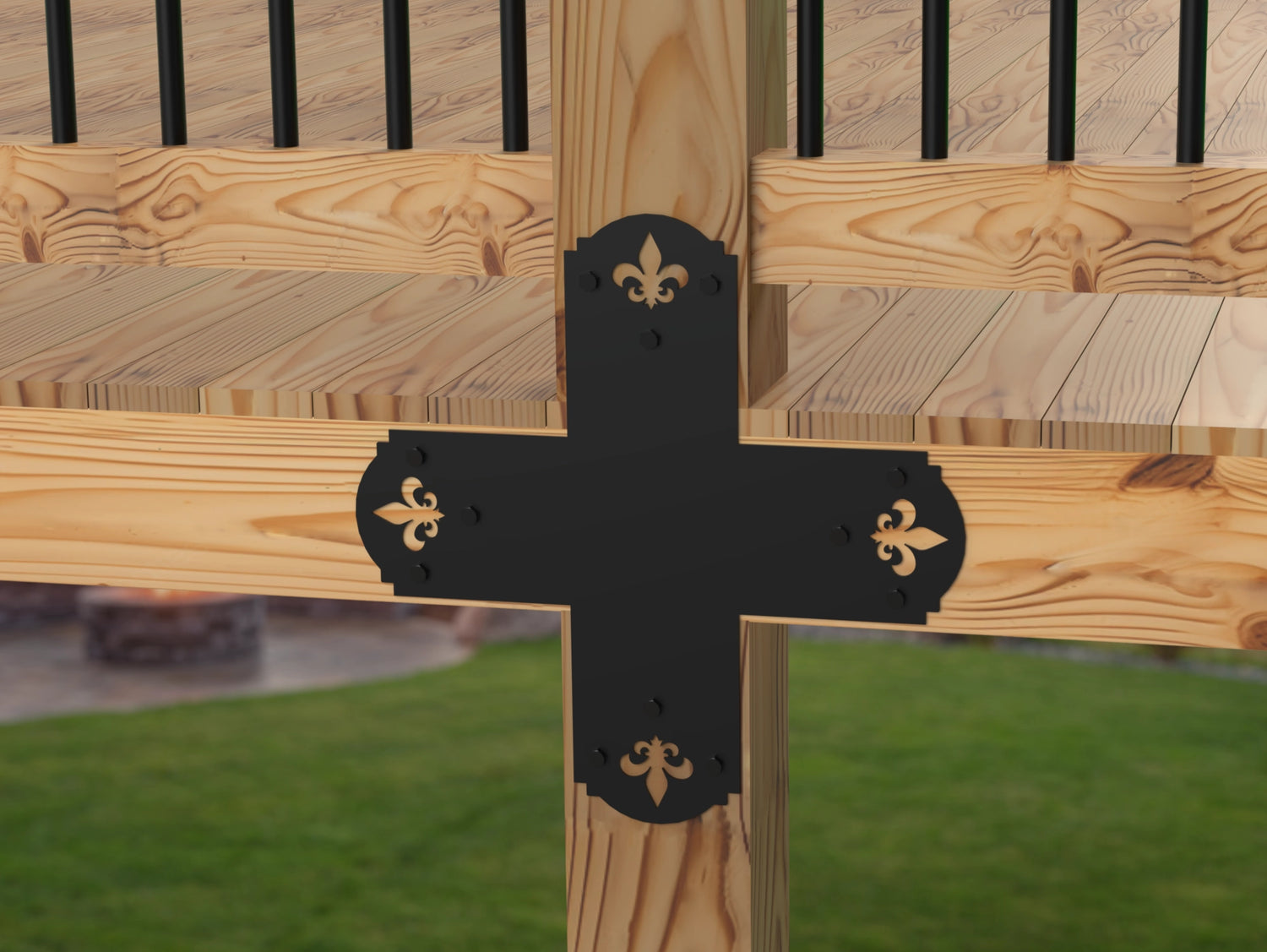 X Bracket - Crowned Fleur De Lis - For 8 Inch Lumber - Wood Post Brackets - construction brackets - brackets for post and beam construction - beam supports - post support - timber frame brackets - barndominium brackets - exposed beam brackets