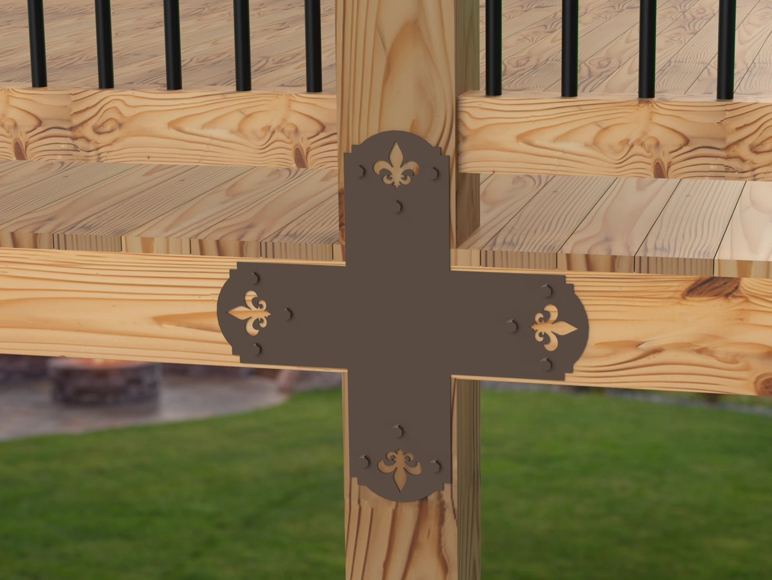 X Bracket - Crowned Fleur De Lis - For 8 Inch Lumber - Wood Post Brackets - construction brackets - brackets for post and beam construction - beam supports - post support - timber frame brackets - barndominium brackets - exposed beam brackets