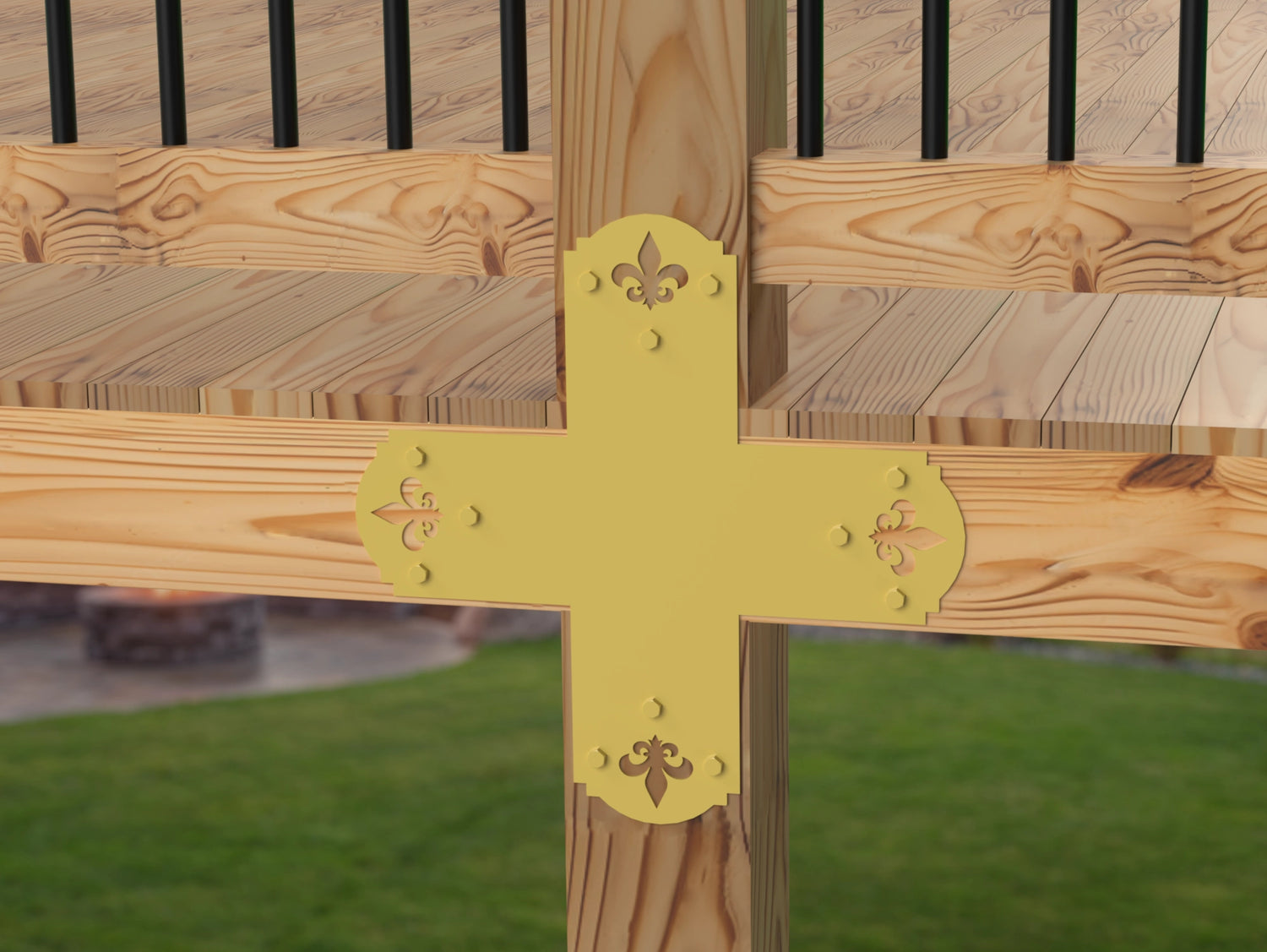 X Bracket - Crowned Fleur De Lis - For 8 Inch Lumber - Wood Post Brackets - construction brackets - brackets for post and beam construction - beam supports - post support - timber frame brackets - barndominium brackets - exposed beam brackets