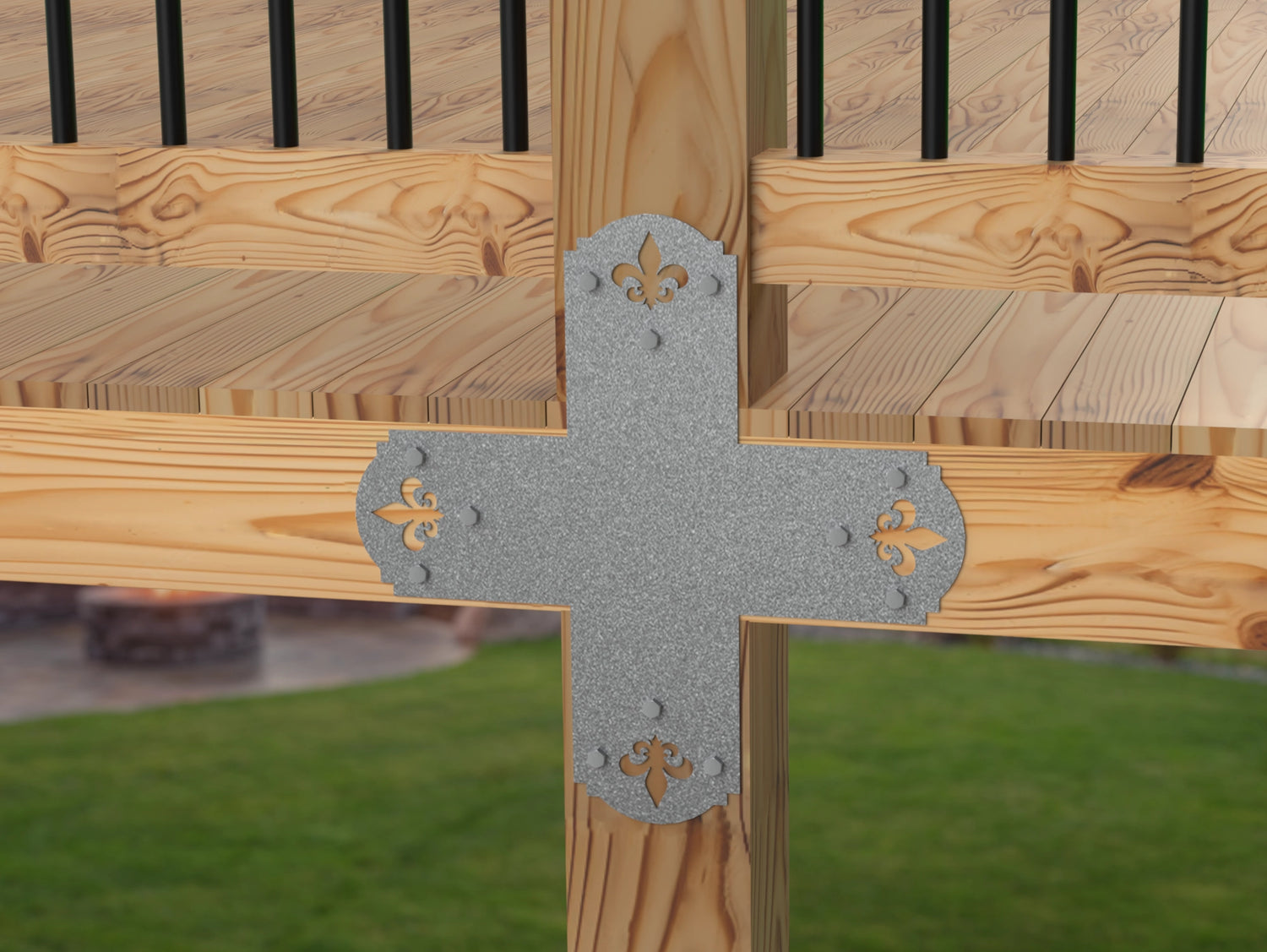 X Bracket - Crowned Fleur De Lis - For 8 Inch Lumber - Wood Post Brackets - construction brackets - brackets for post and beam construction - beam supports - post support - timber frame brackets - barndominium brackets - exposed beam brackets