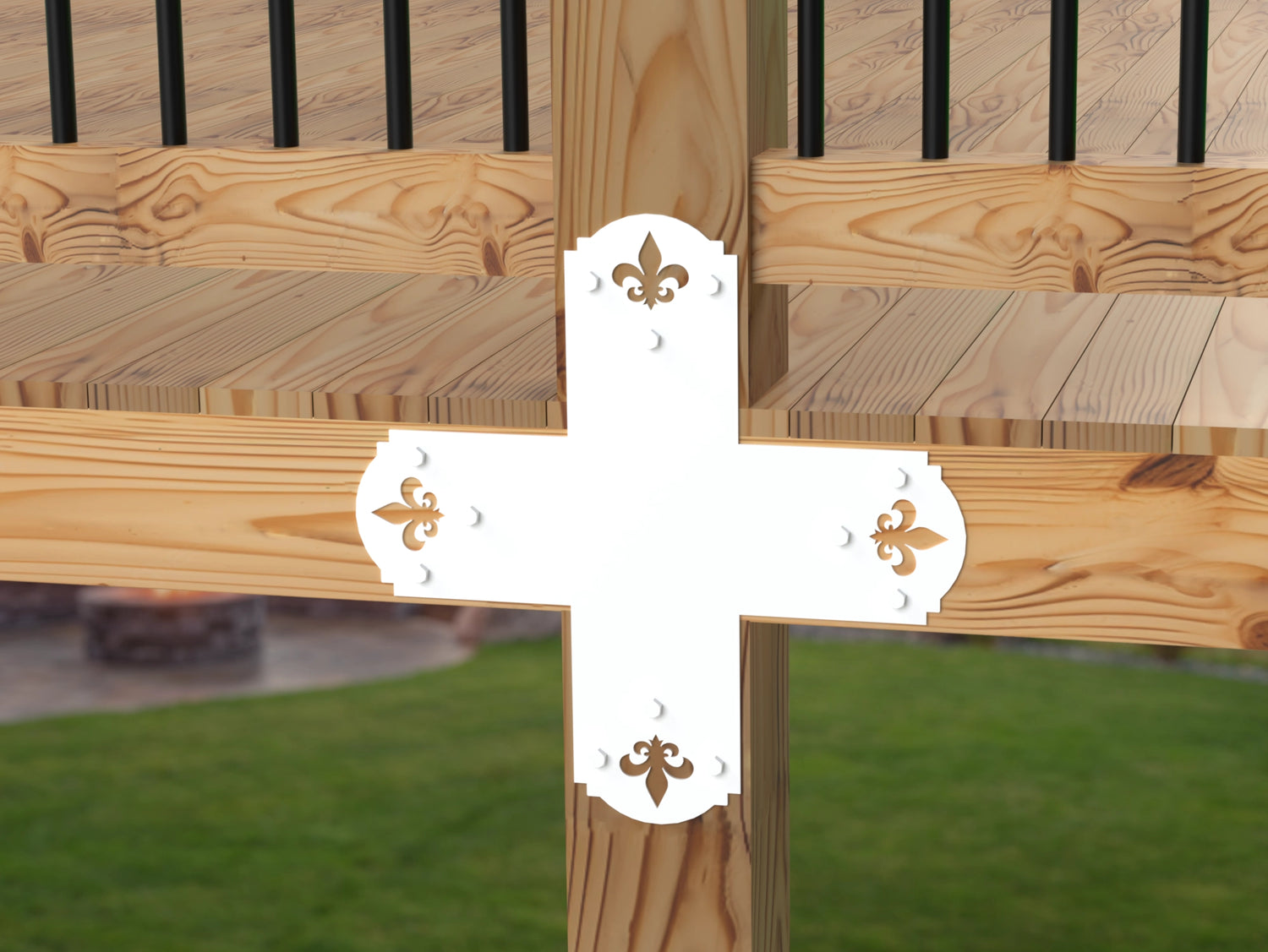 X Bracket - Crowned Fleur De Lis - For 8 Inch Lumber - Wood Post Brackets - construction brackets - brackets for post and beam construction - beam supports - post support - timber frame brackets - barndominium brackets - exposed beam brackets