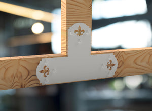 T Bracket - Crowned Fleur De Lis - For 8 Inch Lumber - Wood Post Brackets - construction brackets - brackets for post and beam construction - beam supports - post support - timber frame brackets - barndominium brackets - exposed beam brackets