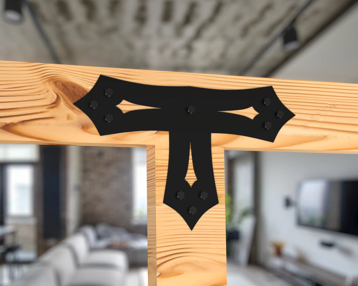 T Bracket - Gothic Style - For 8 Inch Lumber - Wood Post Brackets - construction brackets - brackets for post and beam construction - beam supports - post support - timber frame brackets - barndominium brackets - exposed beam brackets