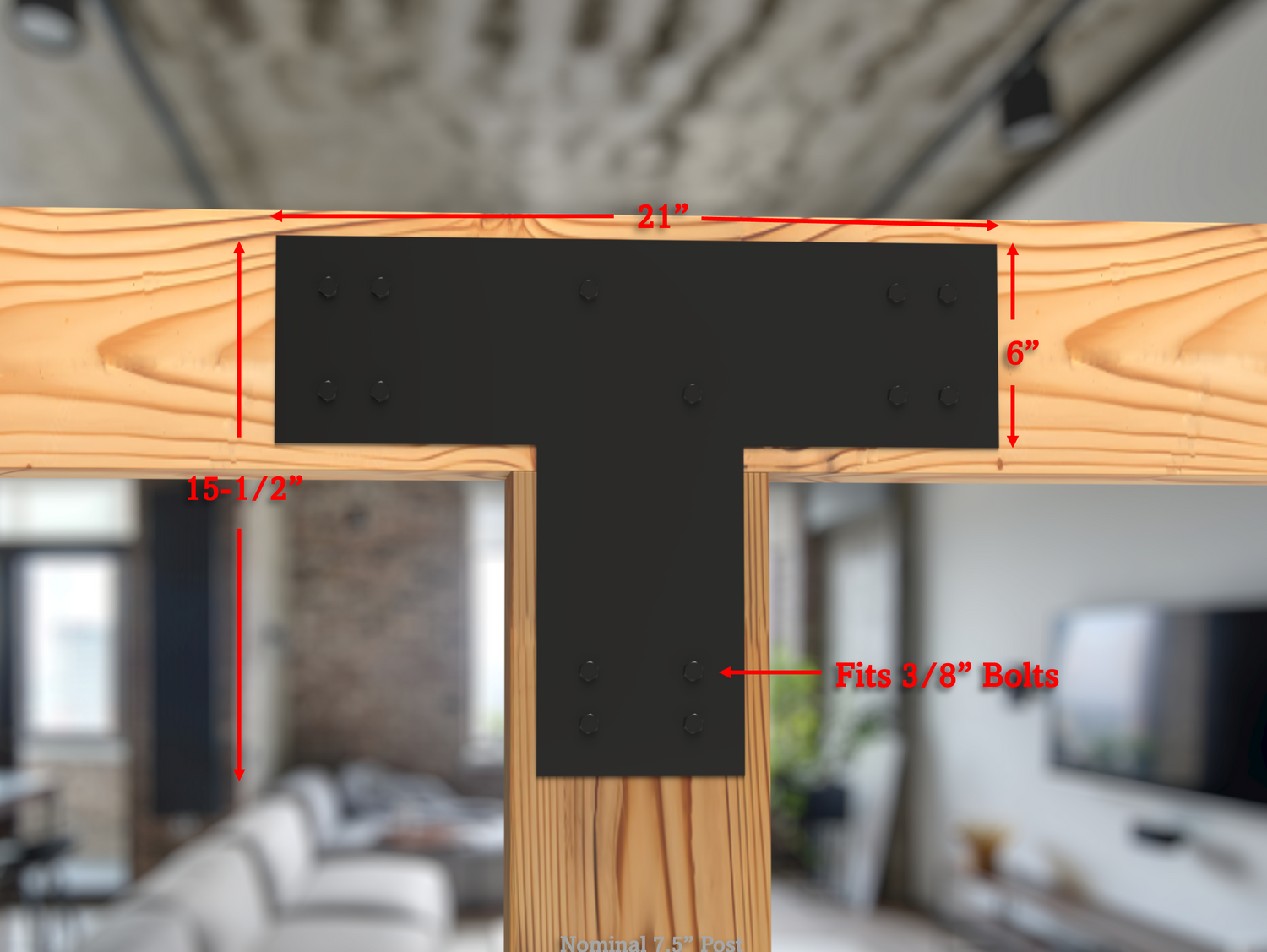 T Bracket - Industrial Style - 8 Inch Lumber - Wood Post Brackets - construction brackets - brackets for post and beam construction - beam supports - post support - timber frame brackets - barndominium brackets - exposed beam brackets