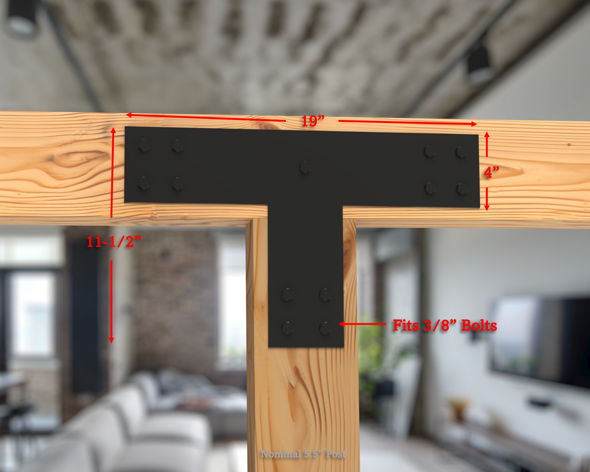 T Bracket - Industrial Style - 6 Inch Lumber - Wood Post Brackets - construction brackets - brackets for post and beam construction - beam supports - post support - timber frame brackets - barndominium brackets - exposed beam brackets