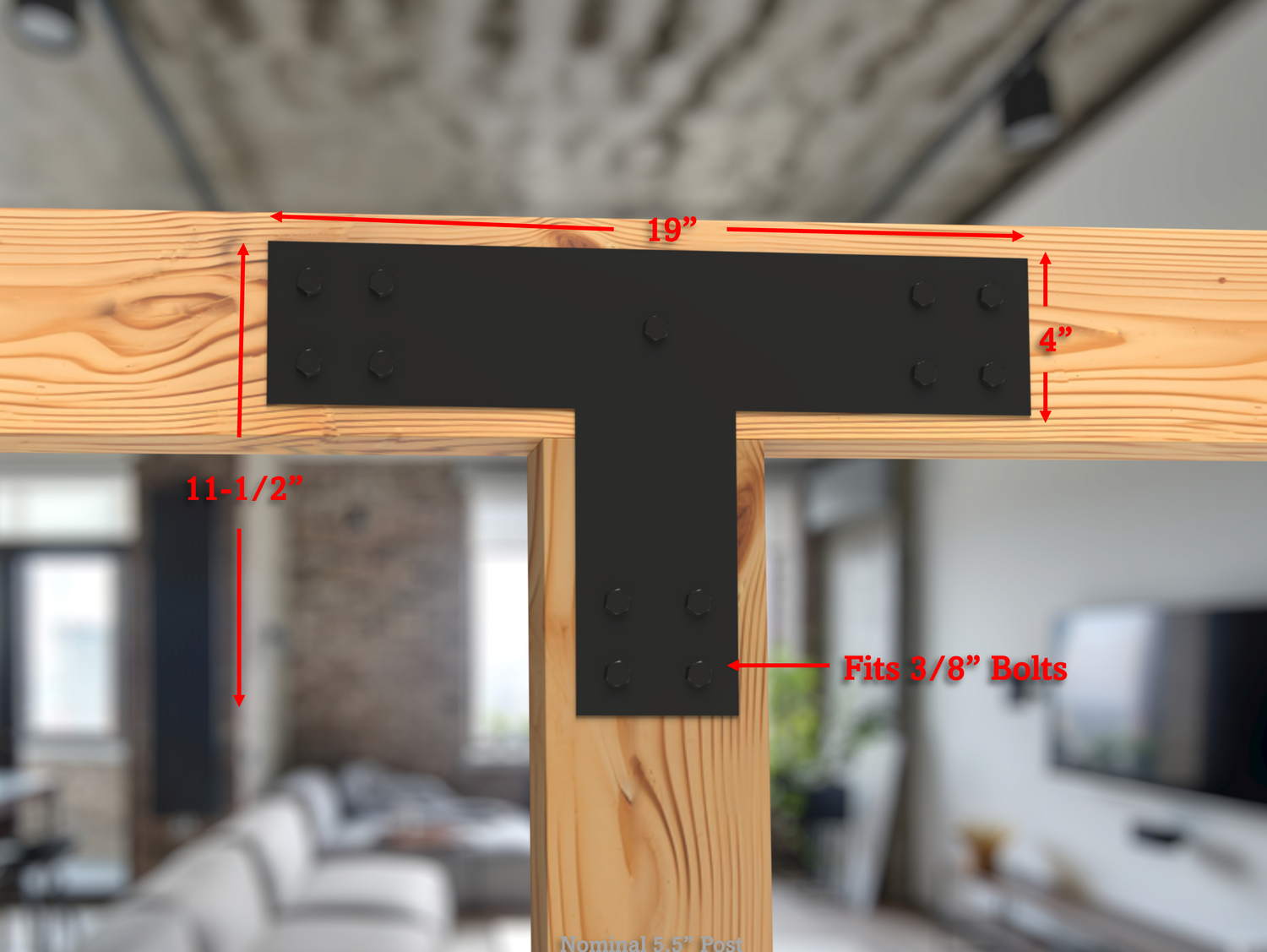 T Bracket - Industrial Style - 6 Inch Lumber - Wood Post Brackets - construction brackets - brackets for post and beam construction - beam supports - post support - timber frame brackets - barndominium brackets - exposed beam brackets