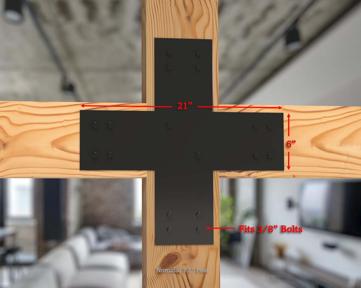 X Bracket - Industrial Style - 8 Inch Lumber - Wood Post Brackets - construction brackets - brackets for post and beam construction - beam supports - post support - timber frame brackets - barndominium brackets - exposed beam brackets