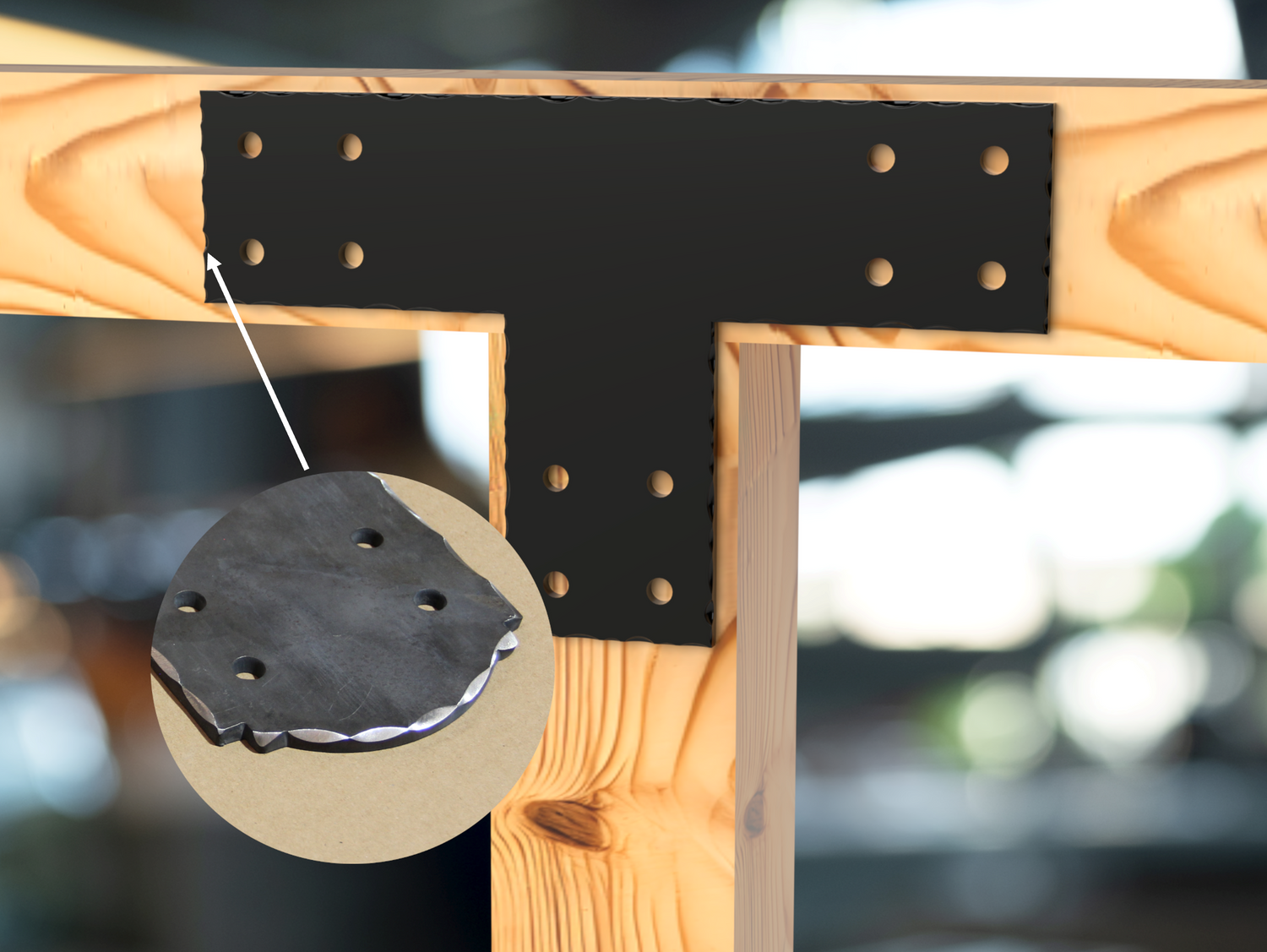 T Bracket - Scalloped Edges - 8 Inch Lumber - Wood Post Brackets - construction brackets - brackets for post and beam construction - beam supports - post support - timber frame brackets - barndominium brackets - exposed beam brackets